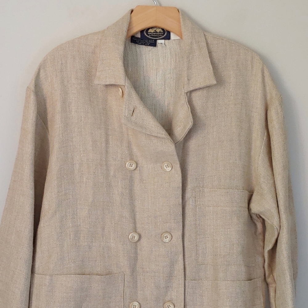 British Khaki Belgian Linen Relaxed Fit Blazer Heringbone Pattern Vintage Size 8